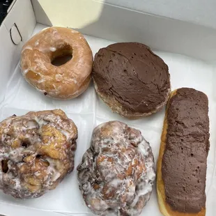 Classic glaze, chocolate cinnamon roll, chocolate stick, apple fritter x2