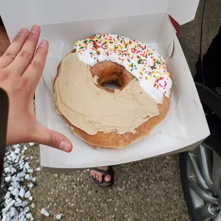 a person holding a doughnut in a box