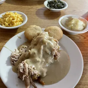 Chicken and dressing, Mac and Cheese, Mashed Potatoes, Turnip Greens, Hot water cornbread