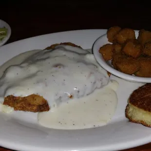 Chicken fried steak, cabbage, okra and flapjack cornbread.