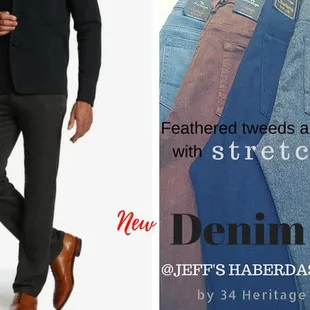 Stretch denim and twill jeans at Jeff's!