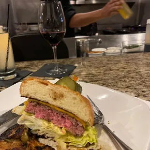 Burger made the way I like it with Brussels sprouts