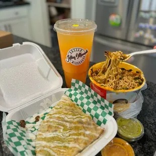 Peach Mango Agua Fresca, Birria Ramen, Asada Quesadilla