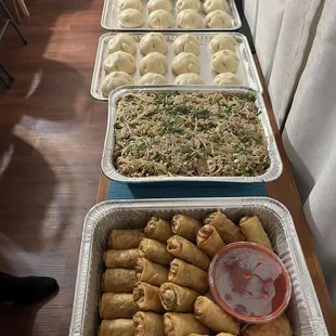 The food was amazing. We have vegetarian rolls, chicken adobo and cream cheese jalapeño siopao and beef siopao.
