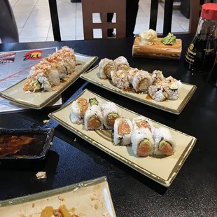a variety of sushi dishes
