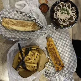 Beef, chicken shawarma wraps. Fries, falafel bowl.