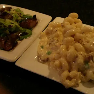 Mac and cheese plus devils on horseback, dates stuffed with goat cheese, Bacon, and pickled pears on mixed greens... Tasty!