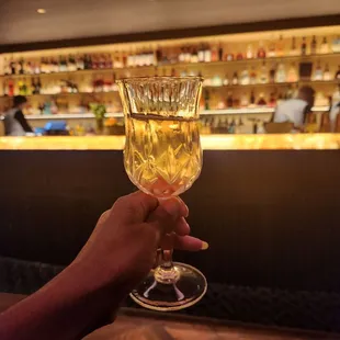 cocktail: VIRTUE'S VICE Mount Gay Ron Zacapa, Wray &amp; Nephew, RumHaven, orange pineapple, lime, soursop, Thai coconut.