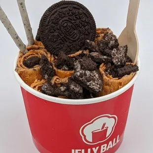 Crunch Time - Thai tea ice cream with Oreo mixin, topped with Oreo crumble and Cookies and Cream Pocky