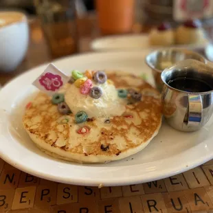 Gluten-free fruit loop pancakes with homemade lemon whipped cream