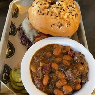 Burger with Mac and cheese on it! Baked beans