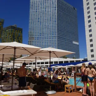 a group of people at a pool with umbrellas