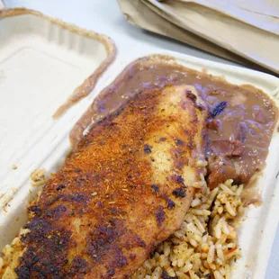 Cajun sampler - red beans and rice, jambalaya and blackened catfish