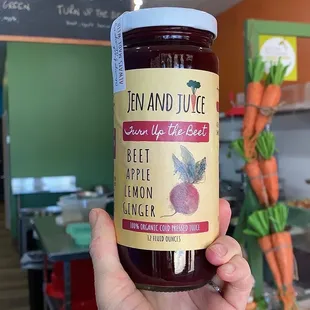 Jen and Juice organic cold pressed "Turn up the beet" bold spicy &amp; earthy flavors, a little sweetness from a hint of apple.