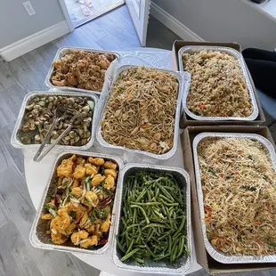 Shrimp chow mein, bbq pork fried rice