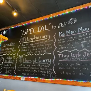 a menu on a blackboard