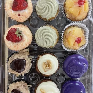 Strawberry crunch, matcha, pineapple upside down, German chocolate , carrot cake and ube cupcakes!