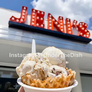 Bombastix Sundae Cone, Salted Peanut Butter w Chocolate Flecks, Gooey Butter Cake in a Waffle Bowl