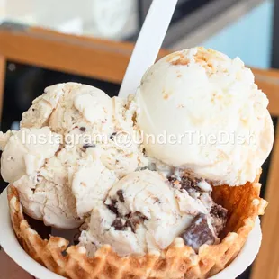 Bombastix Sundae Cone, Salted Peanut Butter w Chocolate Flecks, Gooey Butter Cake in a Waffle Bowl