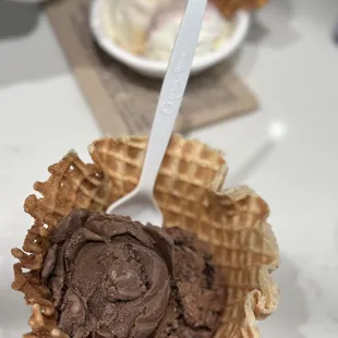 Waffle bowl with darkest chocolate + Texas sheet cake