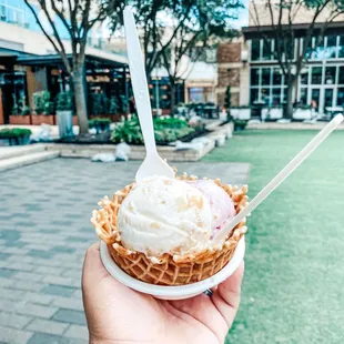 Waffle bowl with peach and blueberry ice cream