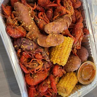 Crawfish, corn, potato, sausage