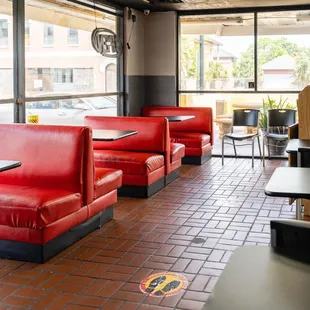 red booths and tables