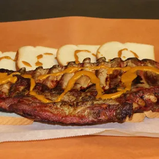 A succulent slab of ribs topped with the famous Jenkins' sauce.