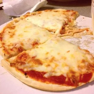 Cheese pizza and bacon cheese fries in the background