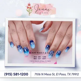 Dazzle in winter with the enchanting combination of ombre blue nails art adorned with delicate snowflakes, creating a frosty masterpiece on
