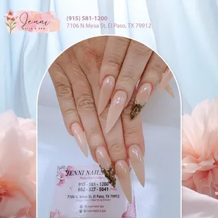 Make a statement with our stunning long stiletto nails in nude, offering a sleek and elegant touch to your ensemble.