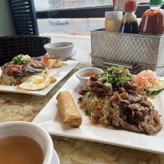 C4. Rice with Grilled Skewer Pork and Egg Roll