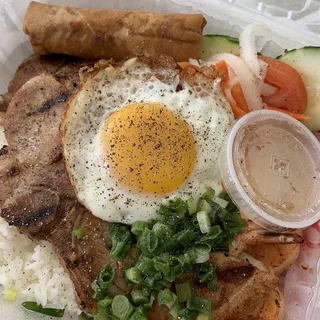 C6. Rice with Charbroiled Pork Chop, Grilled Shrimp, Sunny Side Up Egg and Egg Roll