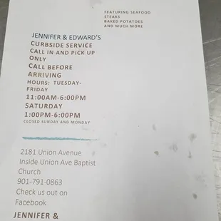 Curbside Pick Up info. This is different from their main number.