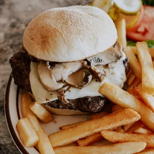 a hamburger and french fries