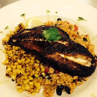 a plate of fish and rice