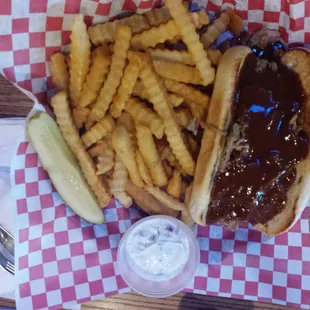 Pulled pork on hogie bun and crinkle fries