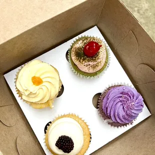 Mango Cream Cupcake, Matcha Cherry Blossom Cupcake, Tres Leches Cupcake &amp; Purple Velvet Cupcake