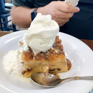 Bread Pudding with Ice Cream and Whip Cream