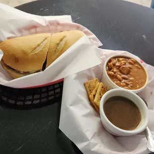 Tri-tip sandwich with Portuguese beans.