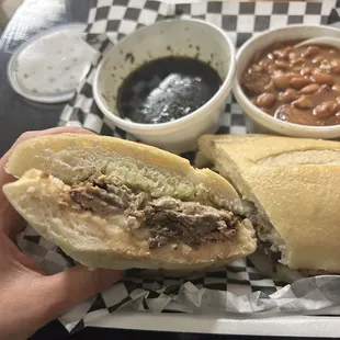Tri tip sandwich with Portuguese beans