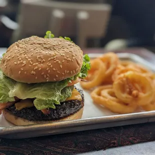 Avocado Bacon Cheeseburger with Onion Rings