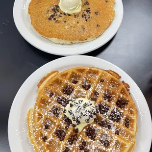 Chocolate chip waffle and pancake