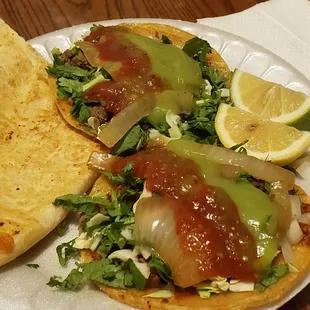 Asada and Al Pastor Tacos, Cheese Quesadilla