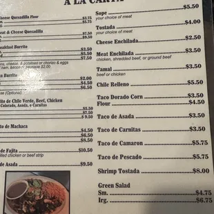 the menu for the restaurant
