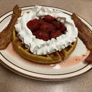 Waffle &amp; strawberries with side of bacon... my kid loved it 9/18/21