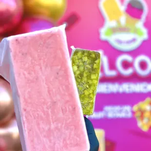 Strawberry paleta ( Strawberry Ice cream bar )
Pepino con Chile paleta ( cucumber with Chile ice cream bar)