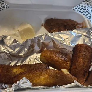 Plantains, beans, crema