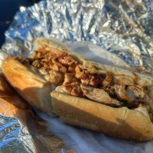 Chicken cheesesteak with everything.  Should be 4" longer but was a good sandwich. Cut up breast, as opposed to thin steaks