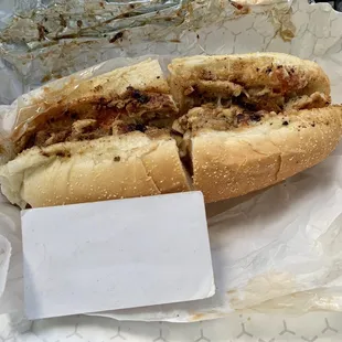 Chicken cheesesteak. Kind of tiny for $9, but otherwise good. Business card for scale.